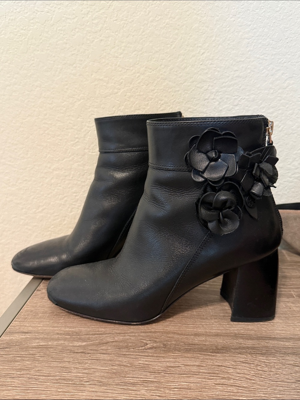 Tory Burch Black Leather Floral Ankle Boots